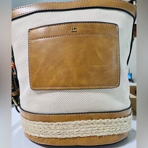 Liz Claiborne Canvas and Faux Leather Bucket Bag in Tan and Cream